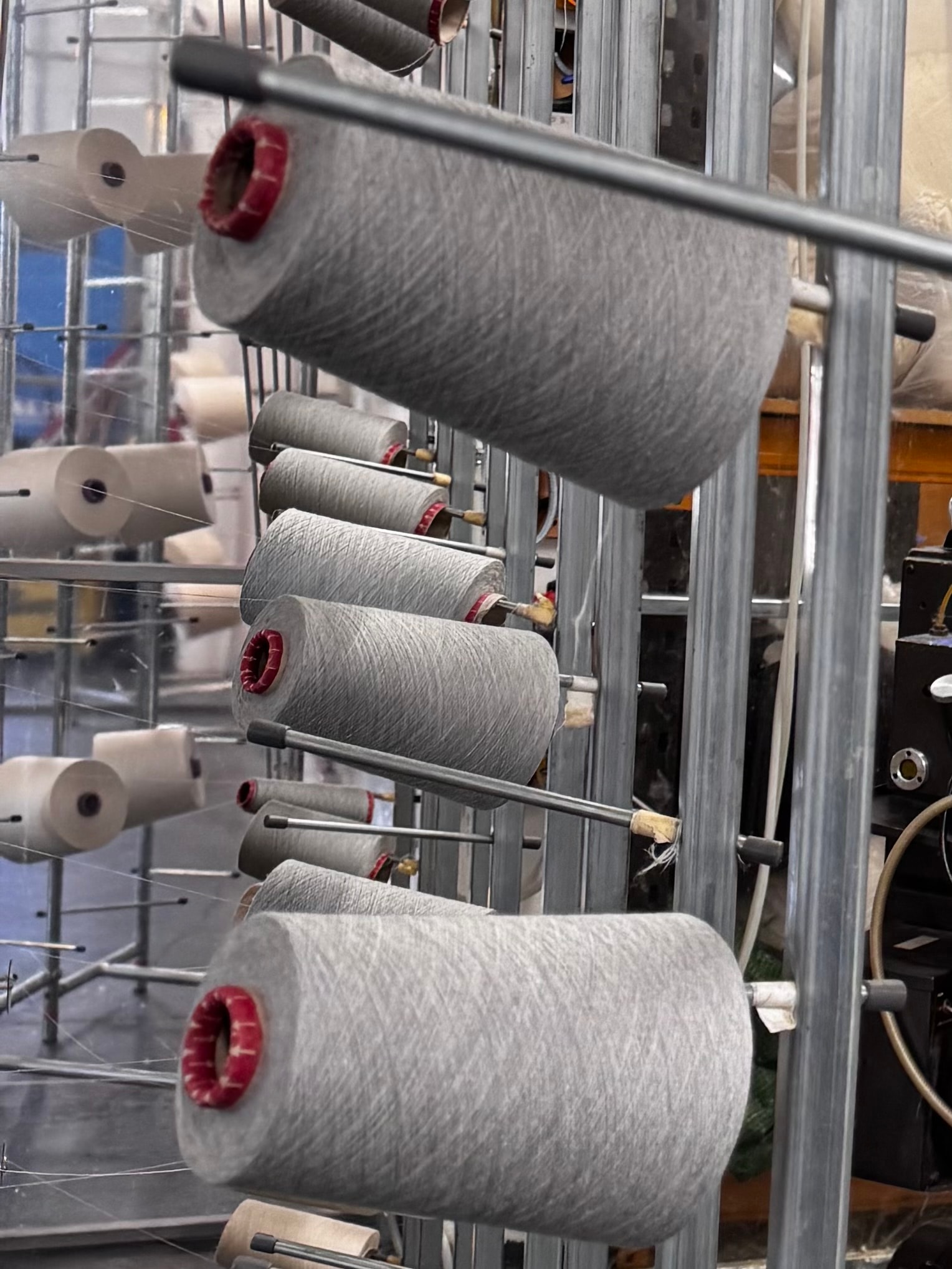 Industrial yarn spools at Discovery Knitting mill, Leicester